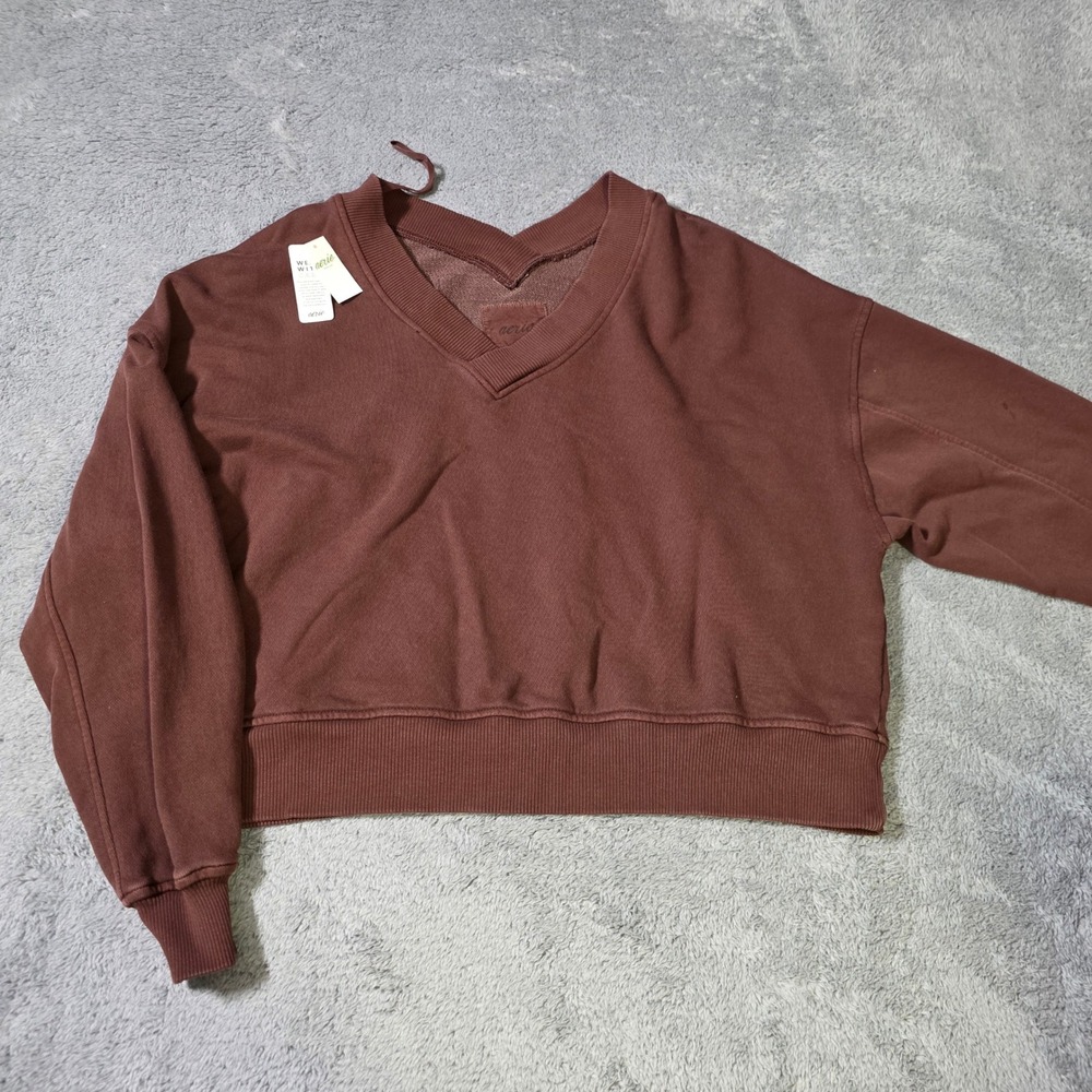 Aerie Womens Small Sweatshirt Brown V-Neck Cropped Relaxed Pullover 065-0743-312